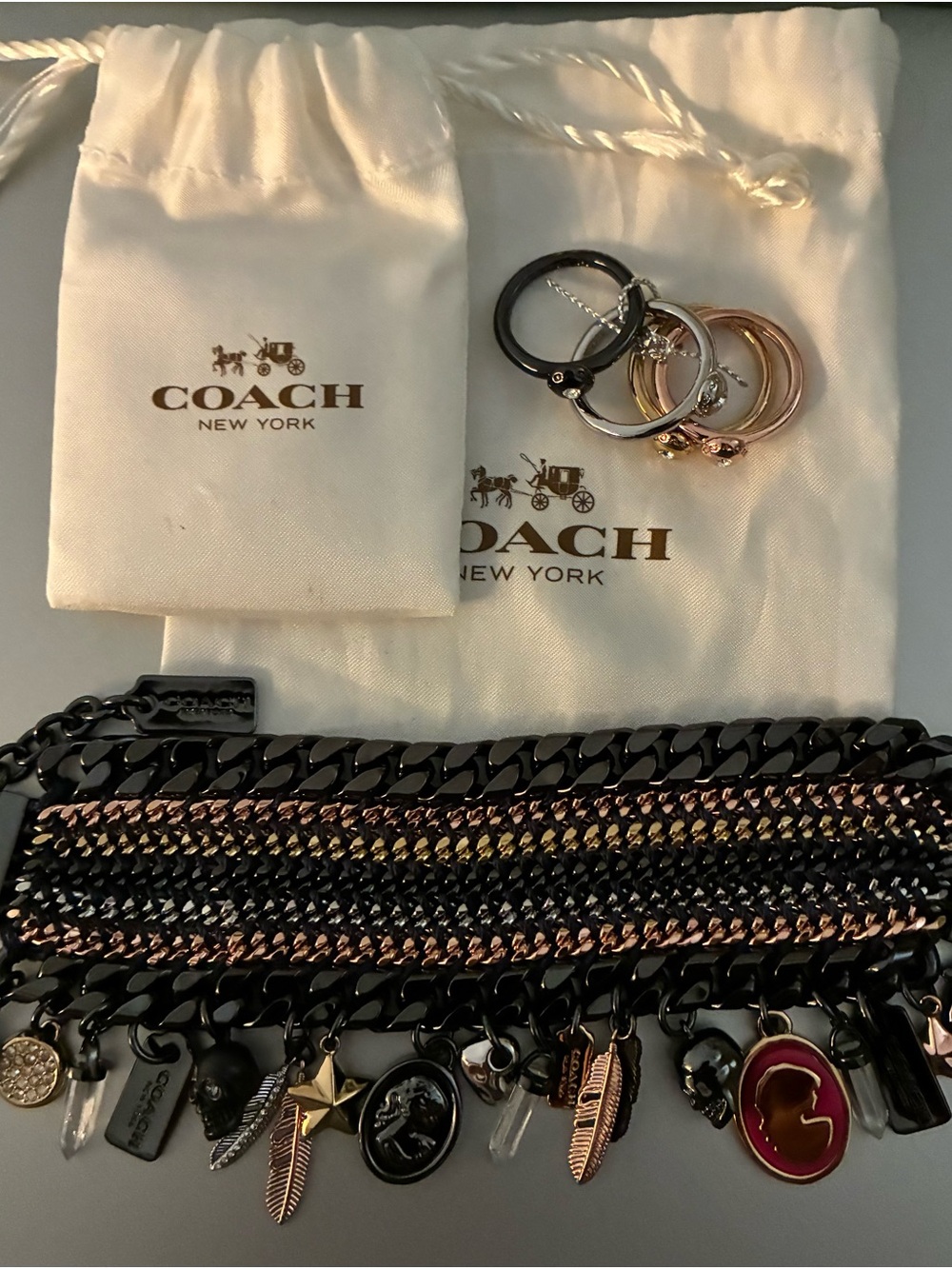 COACH Mixed Metal Multi-Chain Charm Bracelet in Black, Rose Gold, Gold